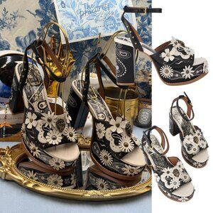 🆕 KURT GEIGER LONDON 🧿 NWOB Flower Western Platform Heel Sandal, Sz 37 US 7